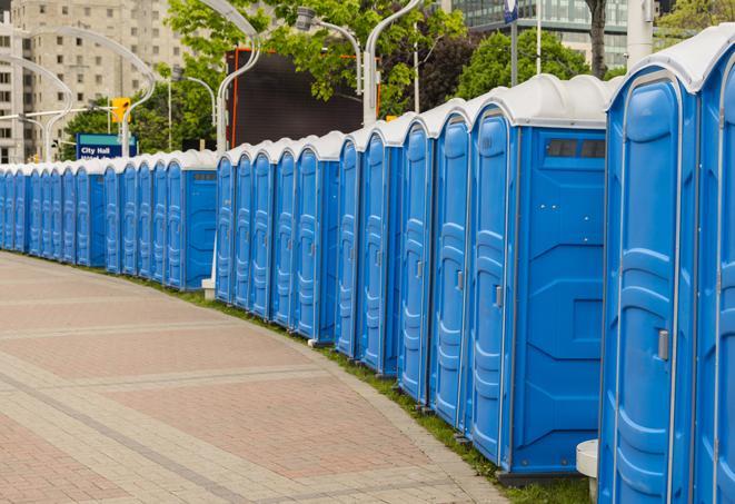 a line of portable restrooms set up for a wedding or special event, ensuring guests have access to comfortable and clean facilities throughout the duration of the celebration in Whitestown IN